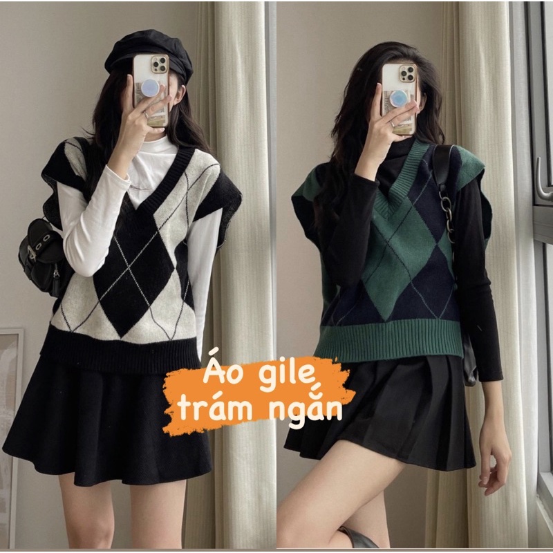 [Hàng sẵn] ÁO GILE LEN TRÁM XANH ĐEN DÁNG NGẮN LEN MỀM MỊN