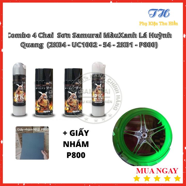 Combo 4 Chai Samurai Màu Xanh Lá Huỳnh Quang Gồm: 2K04 - UC1002 - 54 - 2K01 - P800 ( Kèm Giấy Nhám )