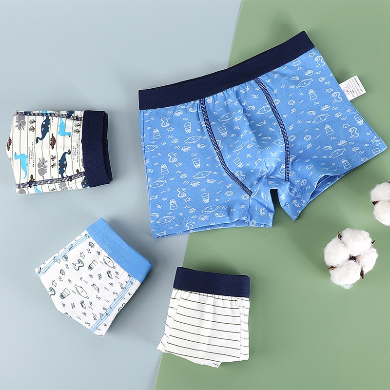 Bộ 4 Quần Lót Boxer Cotton In Họa Tiết Khủng Long Hoạt Hình Thoải Mái Cho Bé Trai 1-13 Tuổi