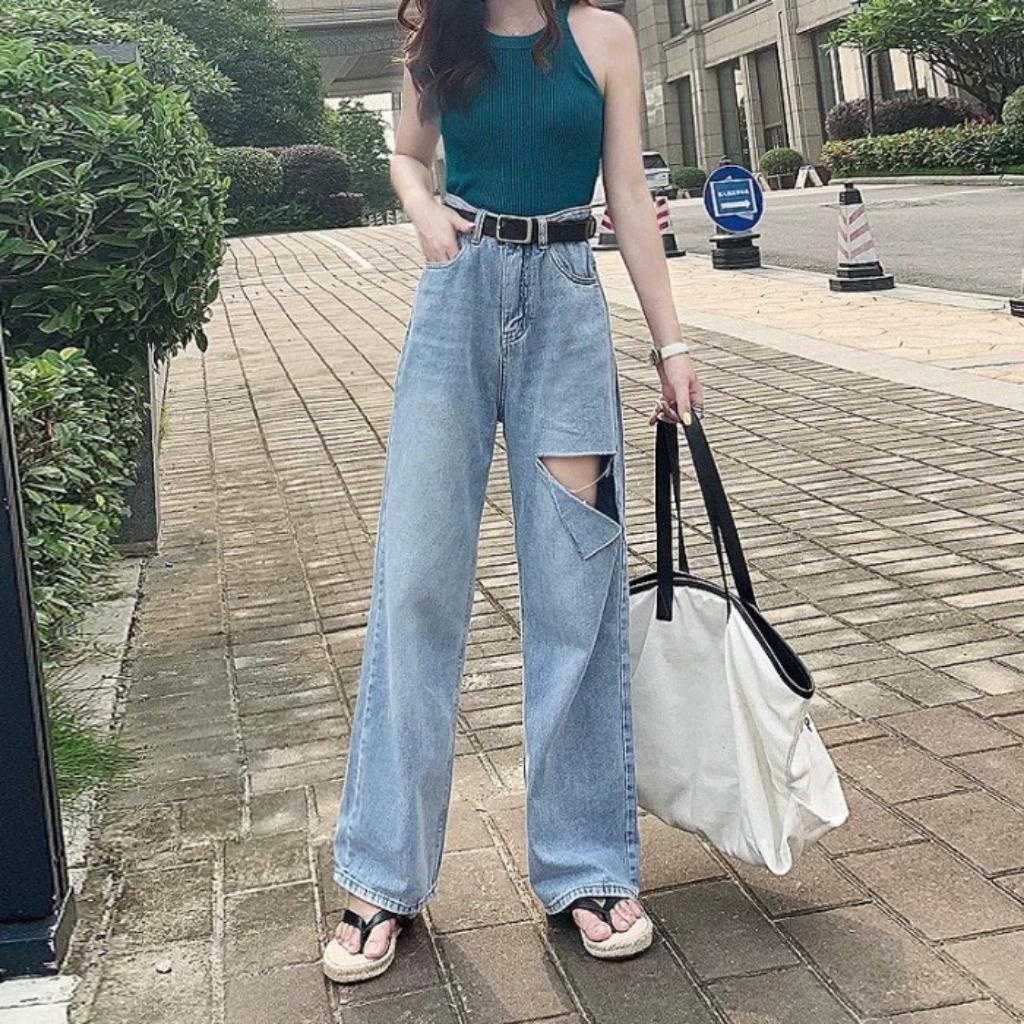 Quần Jean Ống Suông Rách Gối Chuẩn Fom
