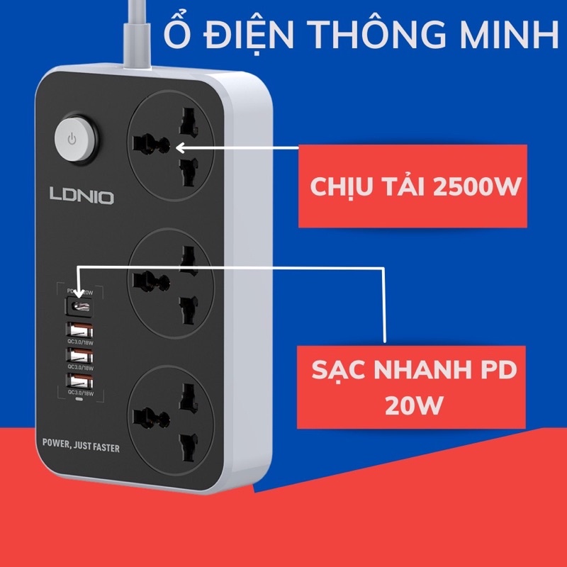 Ổ cắm thông minh LDNIO chính hãng công suất 2500w, có hỗ trợ cổng sạc nhanh PD 20w + 3 cổng QC 3.0 chống cháy 850 độ