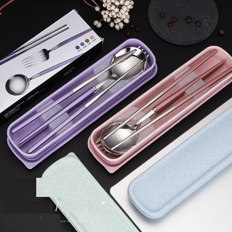 Bộ Đũa, Thìa, Dĩa inox 304 Cao Cấp Thuận Tiện Dùng Trong Bữa Cơm Văn Phòng - Tặng Kèm Hộp Và Túi Đựng