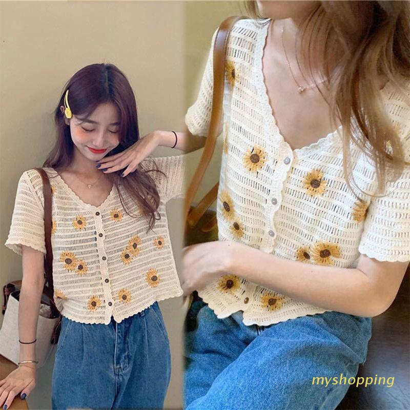 Áo Croptop Dệt Kim Tay Ngắn Cổ Chữ V Thêu Hình Hoa Cúc Thời Trang Mùa Hè Cho Nữ