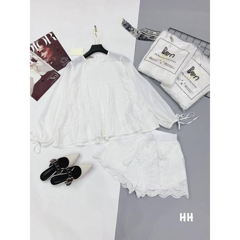 Áo babydoll dáng xòe tiểu thư áo kiểu dáng xòe cài cúc sau tay dài siêu xinh AN01