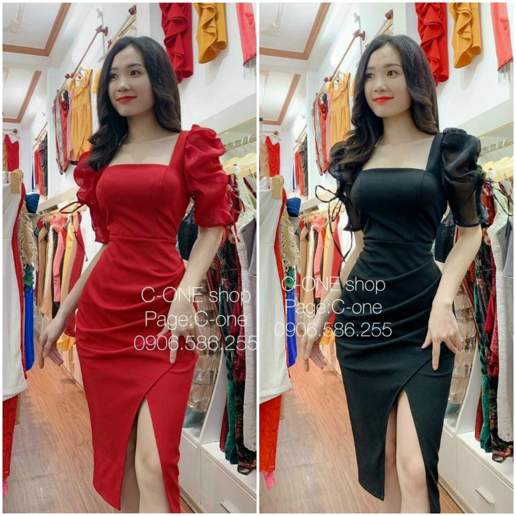 Đầm body dự tiệc cổ vuông xếp ly phối tay voan tơ xẻ tà