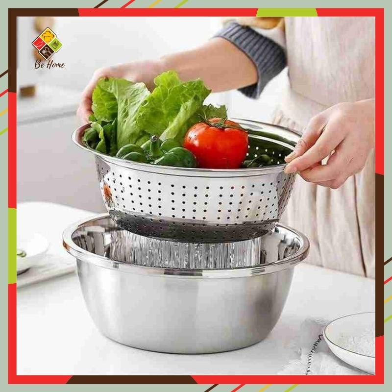 Bộ nạo rau củ 3 món bào BEHOME Rổ nạo rau củ kiêm rổ và chậu inox cao cấp đa năng tiện lợi dùng nhà bếp