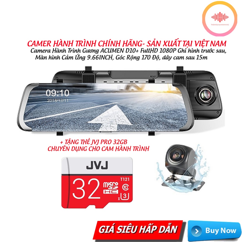 Camera Hành Trình ô tô  Acumen D10+, camera hành trình gương, màn hình cảm ứng 9.66 Inch,1080P FHD Cho Xe Hơi, Siêu nét