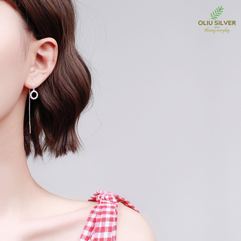 Bông Tai Bạc S925 Geometric Magic Round Đính Đá CZ Sợi Thả Không Chốt Xinh Xắn | Khuyên Tai Nữ Trang Sức Bạc Thời Trang