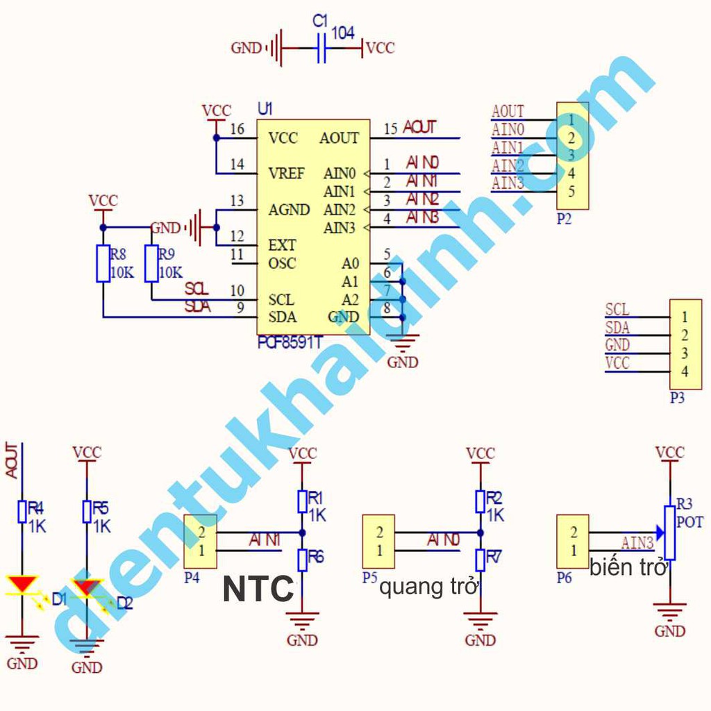 Module Chuyển Đổi AD-DA 8 bit PCF8591, giao tiếp I2C, áp:2.5-6V kde0029