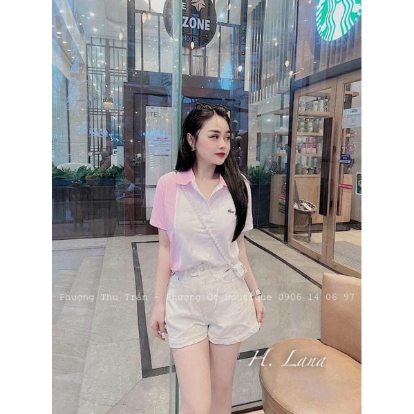 Áo polo hồng phối màu cho nữ
