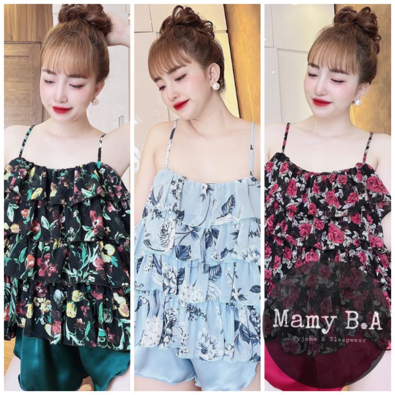 Bộ ngủ 2 dây quần đùi xếp ly voan phối satin - Đồ bộ nữ lụa loại 1 cao cấp không nhăn