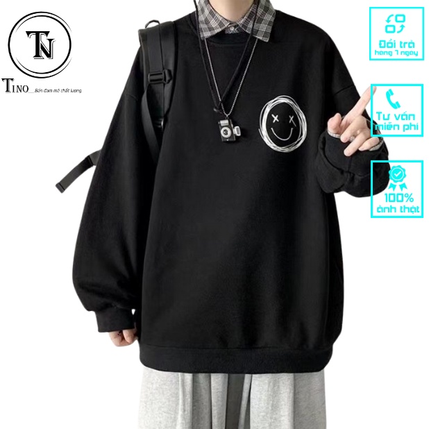 Áo sweater nam TINOWEAR, áo nỉ sweater cổ tròn form rộng bông trơn hình icon mặt cười form rộng Unisex | BigBuy360 - bigbuy360.vn