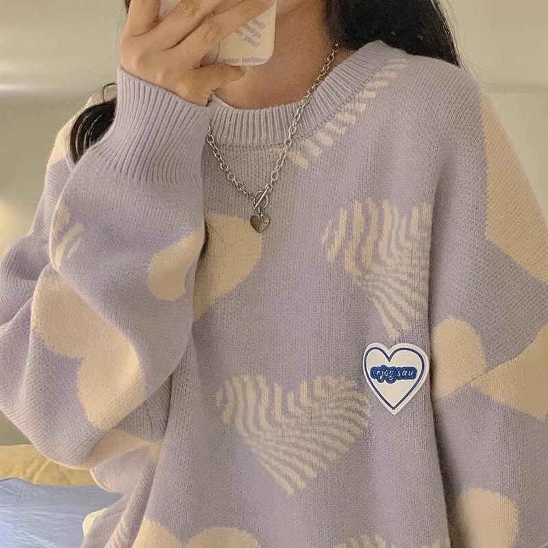 Áo len mịn màu tím pastel hoạ tiết trái tim siêu xinh