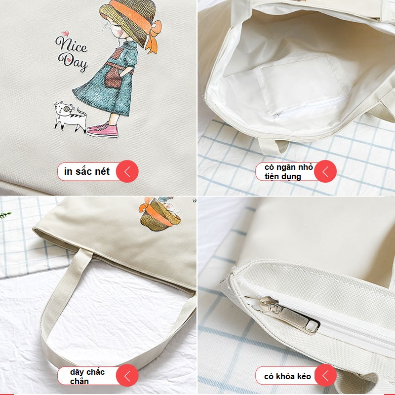 Túi tote túi vải canvas phong cách Hàn quốc, có khóa miệng ngăn phụ bên trong thời trang ulzzang