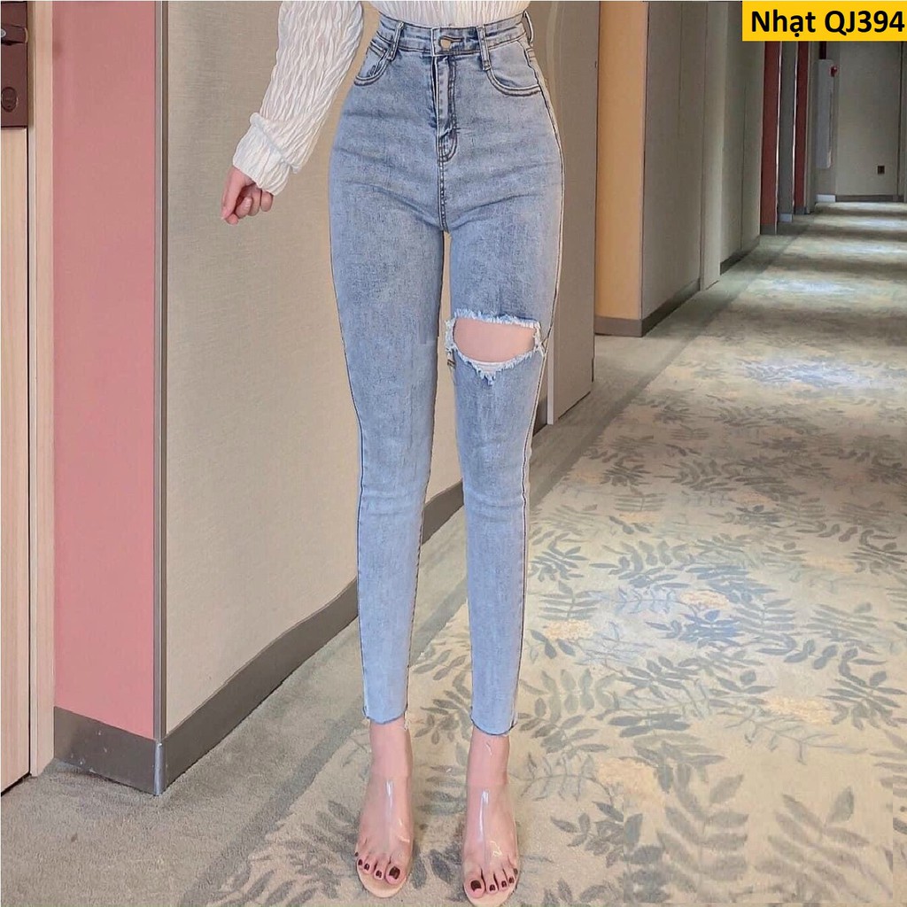 Quần jean nữ lưng cao phủ rốn rách gối form đẹp QJ394