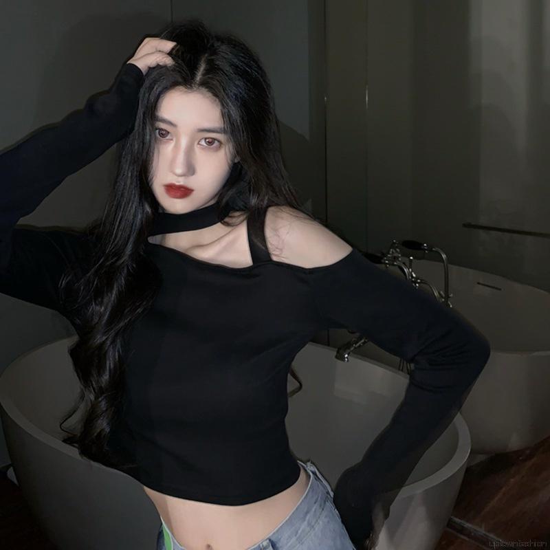 Áo thun tay dài thiết kế lệch vai quyến rũ phong cách hàn quốc