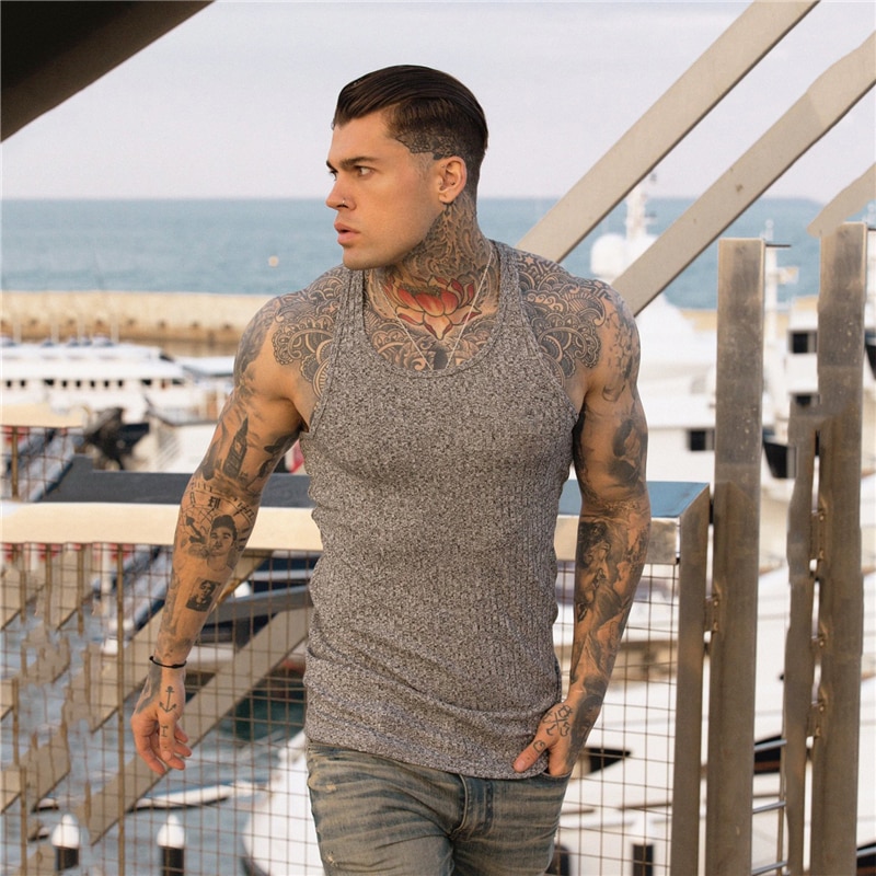 Men's Solid O Neck Sleeveless T Shirt Fitness Slim Fit Sports Strips Tank Top Male Fashion Singlets Summer Knitted Gym Clothing