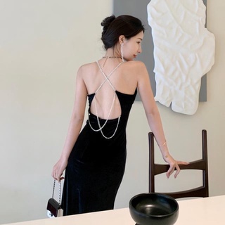 [ORDER] Đầm nhung đen dự tiệc dáng dài xẻ đùi hở lưng phối dây đá sáng ánh trắng