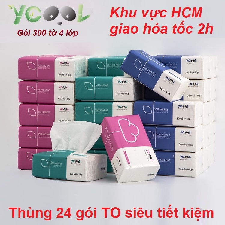 Thùng 24 gói khăn giấy ăn lụa Ycool gói 300 tờ 4 lớp cao cấp siêu tiết kiệm