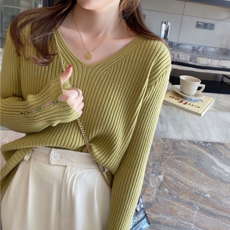 Áo Len Nữ Tay Dài Cổ Chữ v Màu Trơn Thời Trang