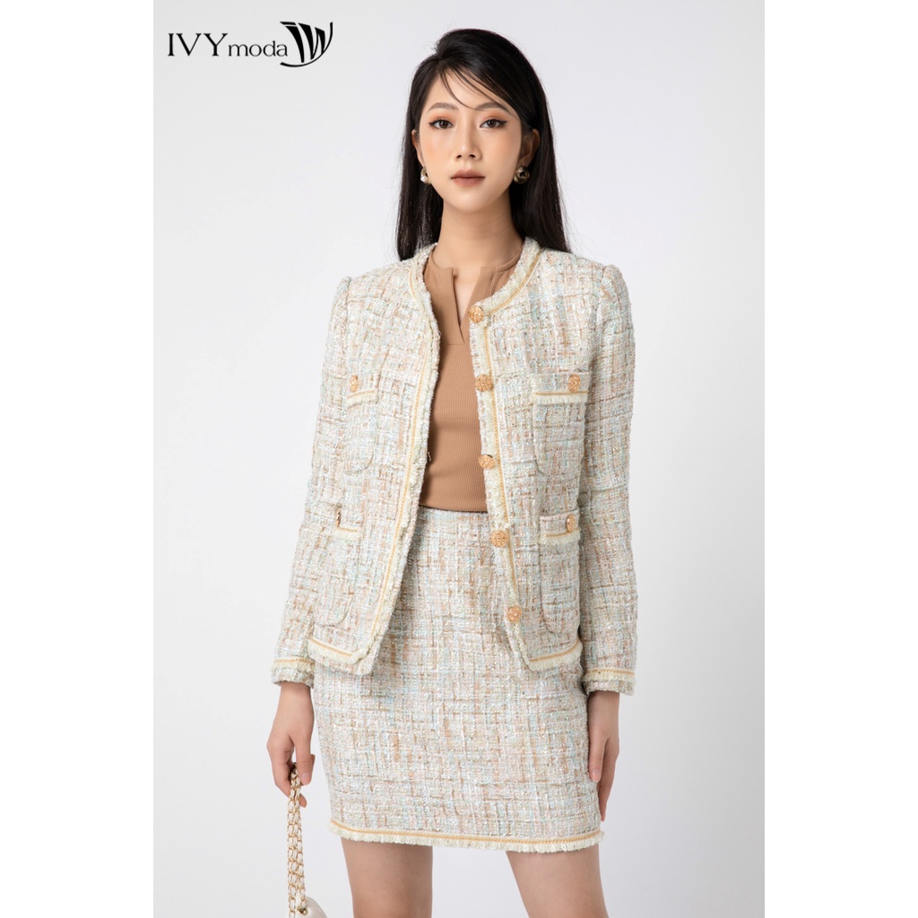  Áo vest Tweed nữ họa tiết kẻ IVY moda MS 70B9012 | BigBuy360 - bigbuy360.vn