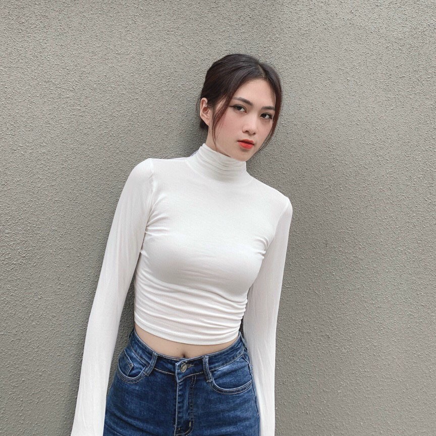 Áo Croptop Body Tay Dài  Cổ Lọ Trắng Đen MS:Z04
