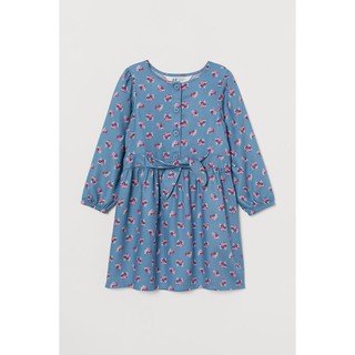 Váy dài tay hoa xanh thắt nơ eo HM H&M_hàng chính hãng authentic