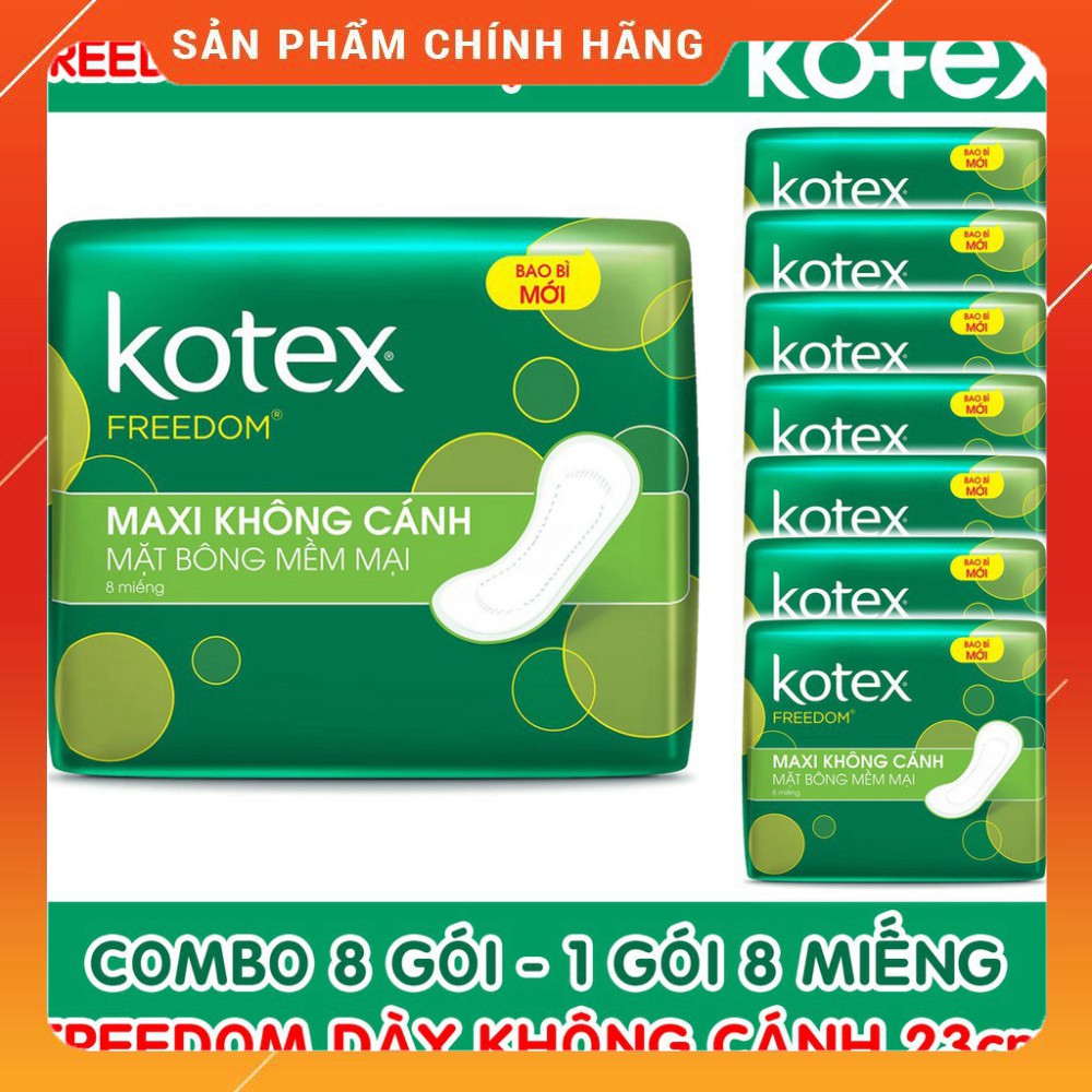 Combo 8 Gói Băng Vệ Sinh Kotex Freedom Maxi Dày Không Cánh Mặt Bông 23cm ( 1 Gói 8 Miếng - 1 Lốc 8 Gói ) . .