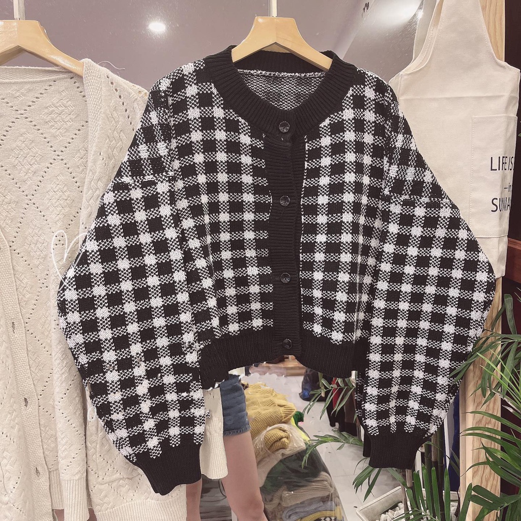 Áo Len Croptop Cardigan Nữ Kẻ Garo Nhiều Màu Phong Cách Hàn Quốc