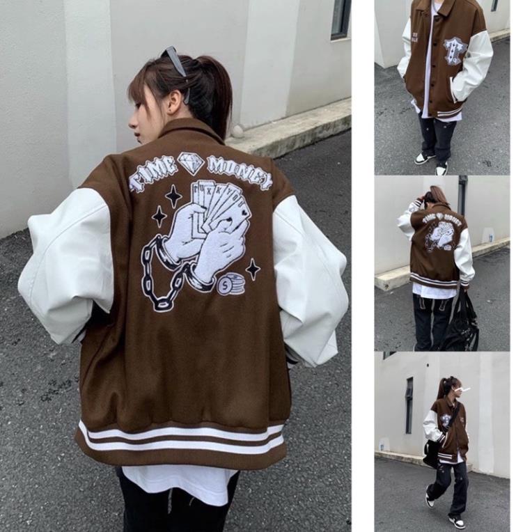 Áo khoác Bomber Nỉ VARSITY JACKET BOMBER TIME MONEY -Áo bomber thêu hình chữ T cực chất tại SixK Store Unisex