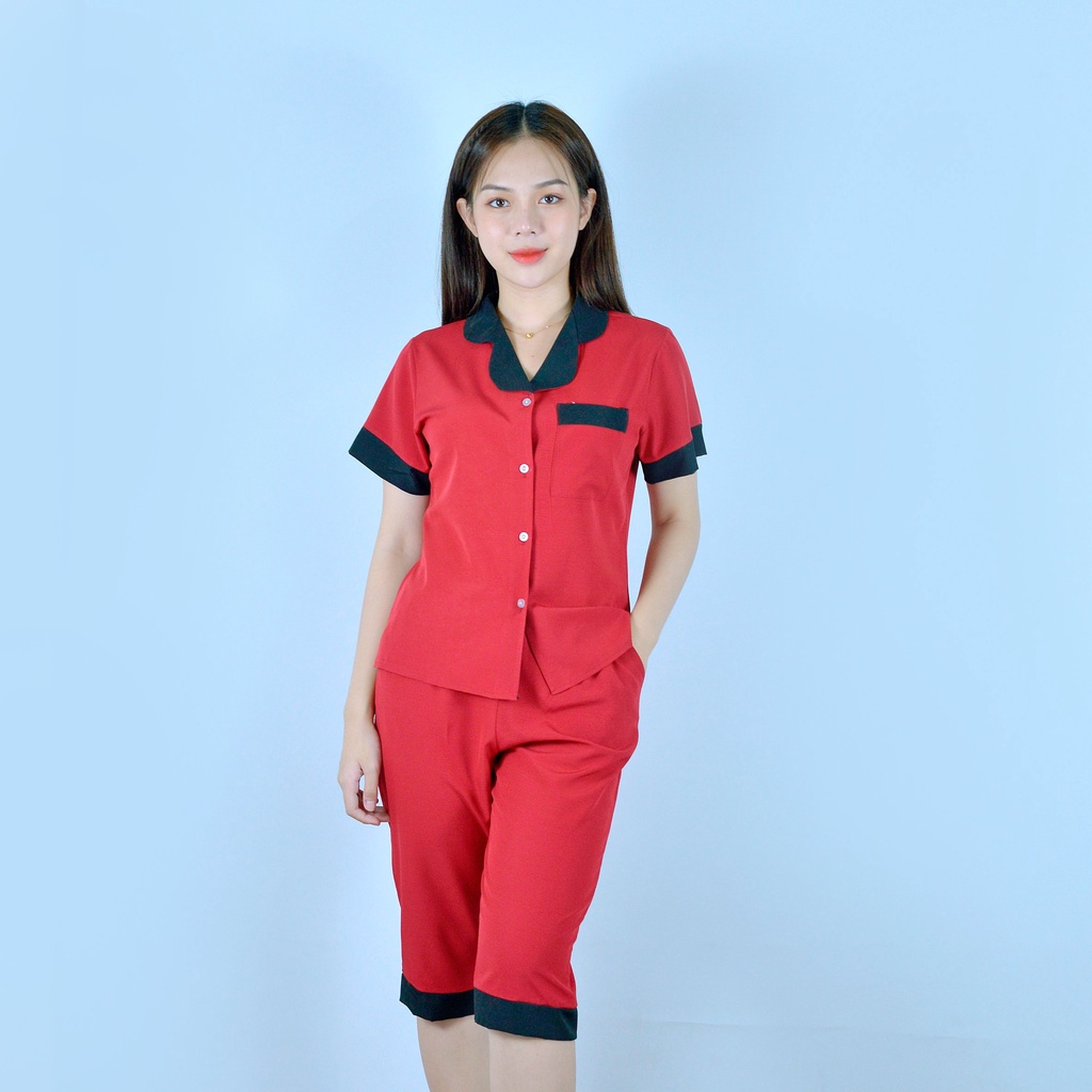 Bộ PIJIMA Nữ màu ĐỎ ĐÔ Chất Lụa Cao Cấp - Quần lửng tay ngắn pha cổ đen  - Nhẹ nhàng - Đằm thắm