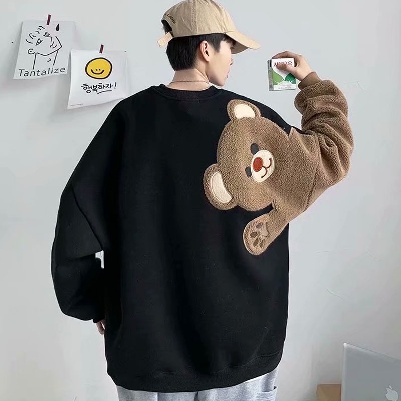 Áo Nỉ Cổ Tròn Dáng Rộng Thêu Hình Gấu Hoạt Hình Dễ Thương Phong Cách Hàn Quốc Cho Nam Và Nữ