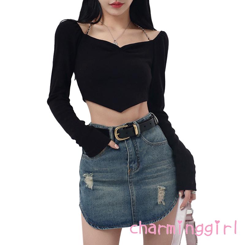 QAQ-Women´s Crop Tops Chain Halter Shoulder Cutout Long Sleeve Irregular Hem Slim Fit Short Tops