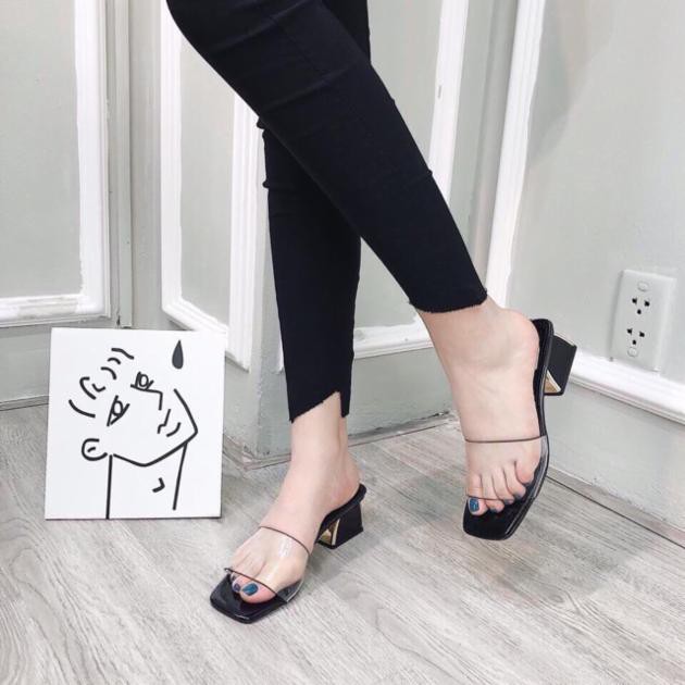Dép Guốc Nữ Quai Trong Ngang Bản To Đế Vuông Mạ Vàng 5cm