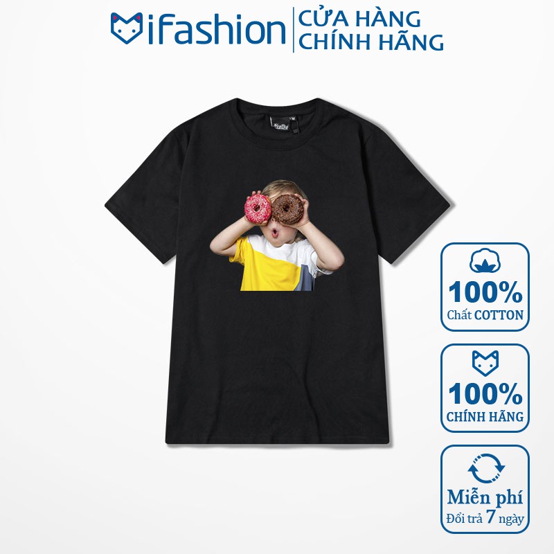 Áo thun tay lỡ IFASHION 100% cotton dáng unisex form rộng in hình em bé cầm bánh donut MA002