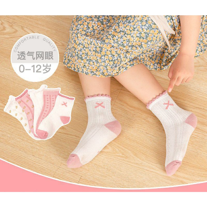 Set 5 đôi vớ mỏng cổ cao ren hoa công chúa xinh xắn cho bé 0 -12 tuổi