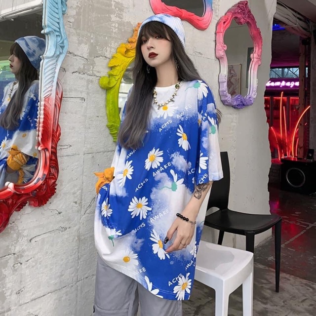 (Ảnh thật)❌ Áo thun unisex loang xanh in hoa cúc full áo