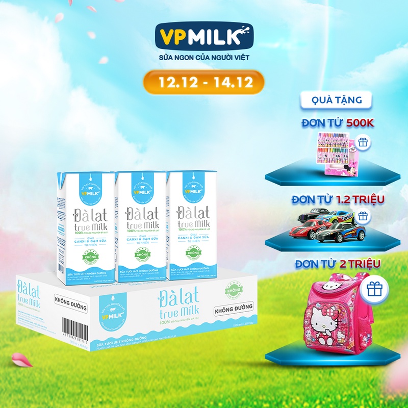 [Mã BMLTA50 giảm 10% đơn 99K] Sữa tươi Đà Lạt True Milk không đường hộp 180ml (thùng 48 hộp)