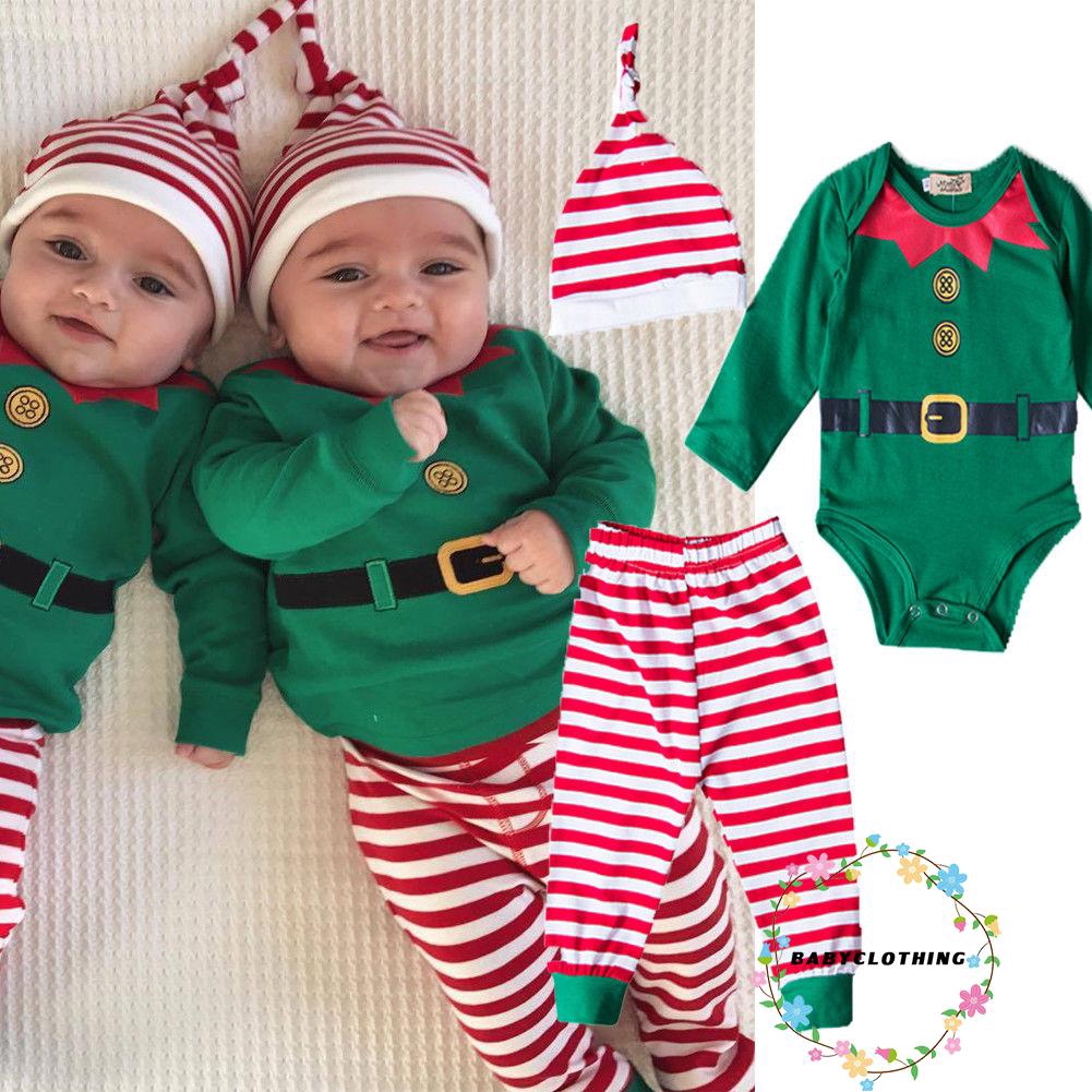 ღWSVღChristmas Newborn Kids Baby Boys Girls Romper Pants Hat Outfits Set Clothes 3Pcs