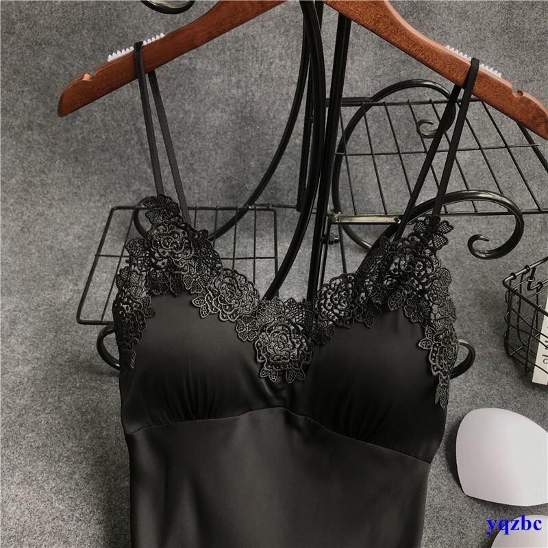 Bộ Ngủ Đầm 2 Dây Lụa Bóng Phối Ren Sexy