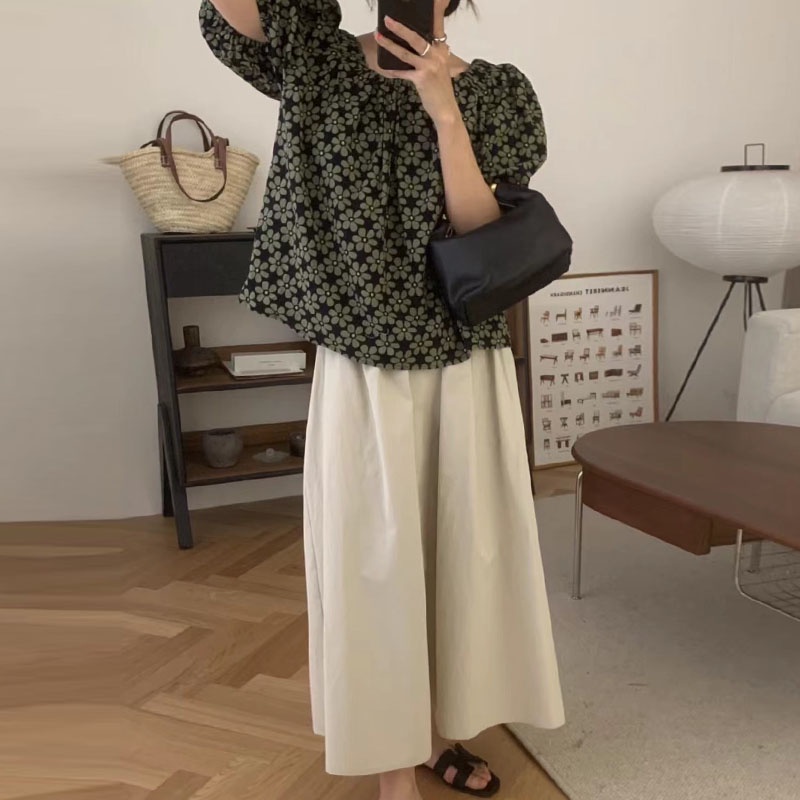 SUXI Áo Kiểu Tay Phồng Cổ Tròn Form Rộng Họa Tiết Hoa Phong Cách Vintage Hàn Quốc