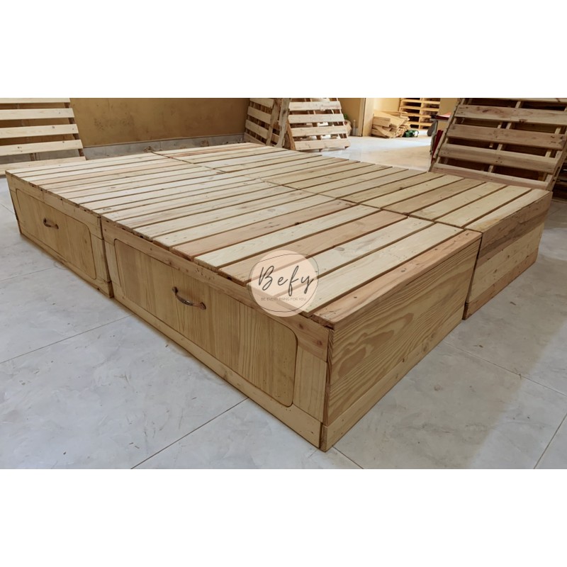 Giường Pallet Gỗ Thông Hộc Kéo / Giường Gỗ Thông Cao 30cm / Giường Gỗ Cho Homestay