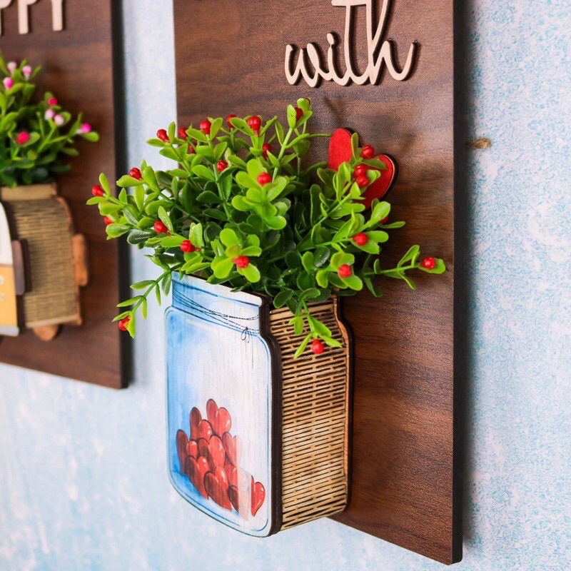Bảng gỗ treo tường kèm hộp hoa decor trang trí nhà cửa, cửa hàng, quà tặng