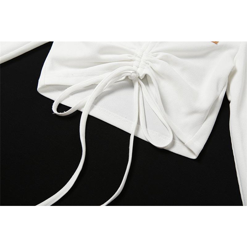 Áo Kiểu Dây Rút Tay Dài Cổ Chữ V In Chữ Thời Trang Cho Nữ