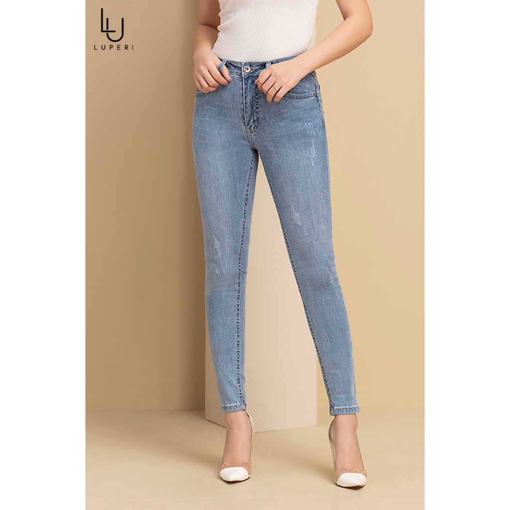 Quần jeans nữ ôm lưng cao ống bó Luperidáng skinny xước cạp vừa trẻ trung from tôn dáng chất jean thun co giãn LFQJ168