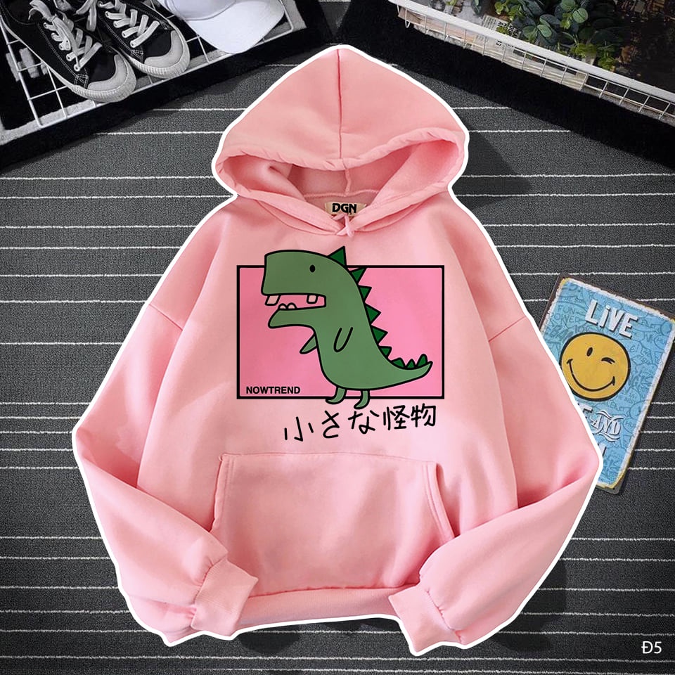 áo dài tay có nón màu hồng hình khủng long Đ5