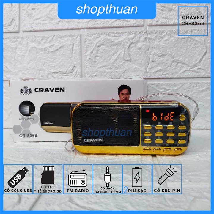 [Mã ELHACE giảm 4% đơn 300K] Loa thẻ nhớ Craven CR-836S - 2 Pin - Nghe Thẻ Nhớ, USB,FM Radio - Có Đèn Pin