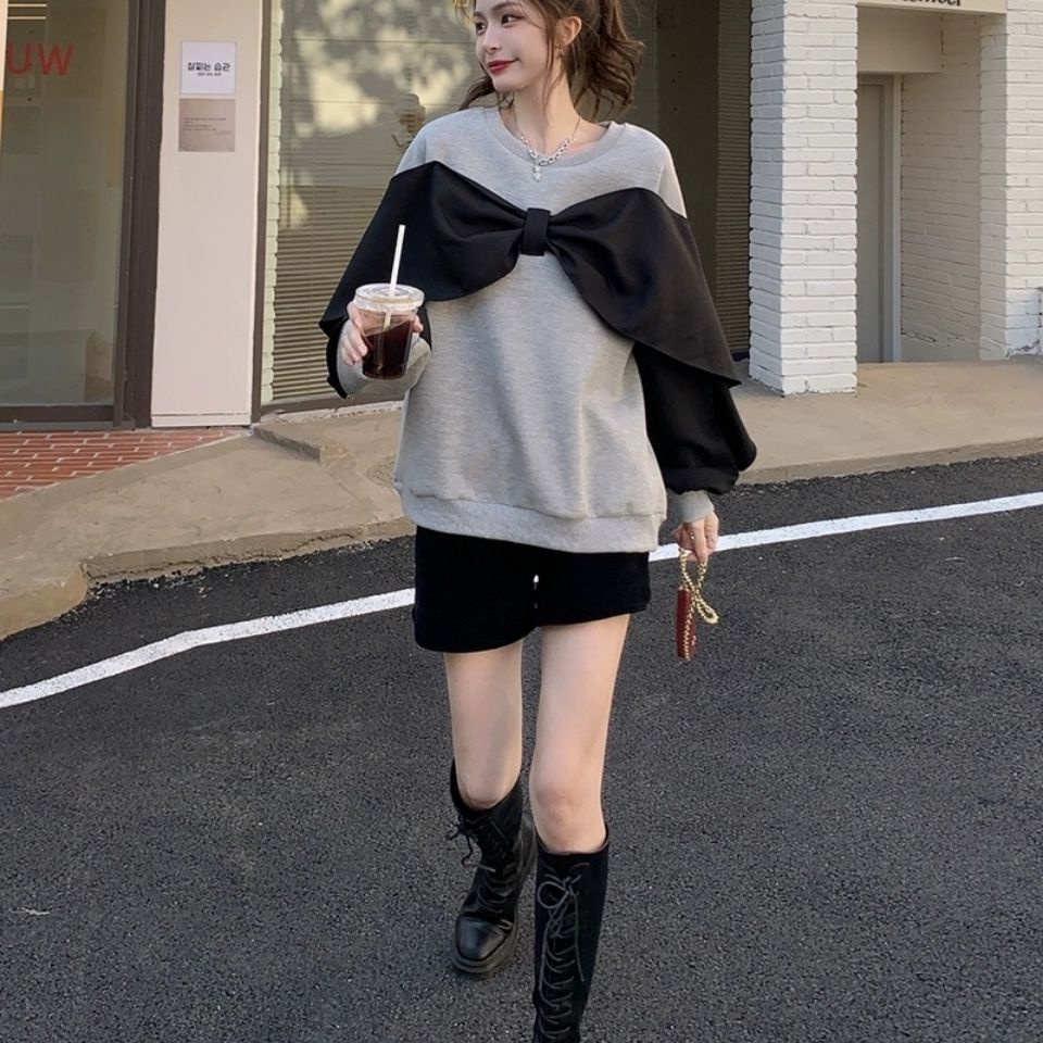 Áo kiểu COZOKC tay dài dáng rộng phối nơ màu tương phản phong cách Hàn Quốc