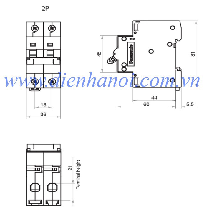 Aptomat MCB 2 cực Panasonic 20A 25A 32A 40A 50A 63A