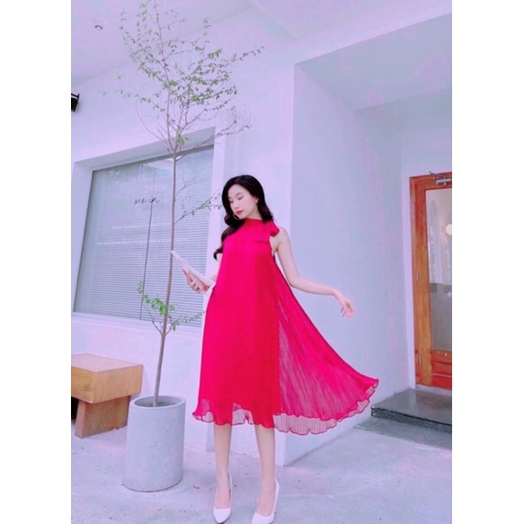 Đầm dập ly cổ yếm cột nơ dáng suông siêu xinh-hình thật.